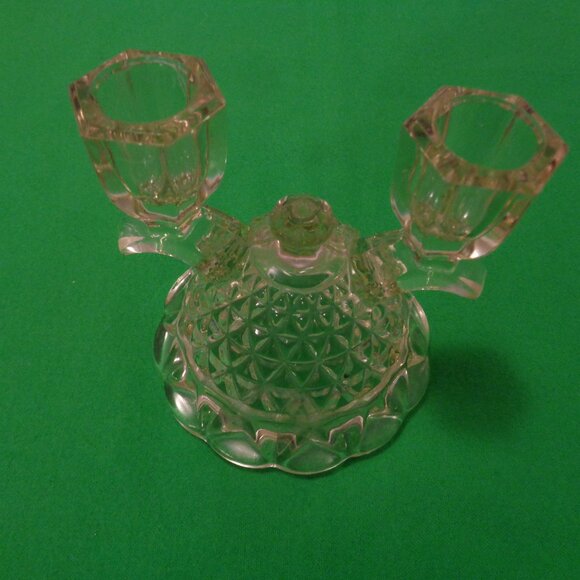 EARLY 1900S SM ORNATE GLASS CANDLE HOLDER W YELLOWISH & TAD OF PINK CAST - Picture 2 of 8